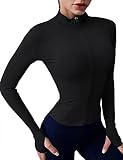 Rapbin Laufjacke Damen Langarm Gym Yoga Fitness Top Sportjacke Atmungsaktive Running Jacken Sportshirt Oberteil Reißverschluss Trainingsjacke mit Daumenlöchern Stil 2-Schwarz M