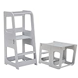 KYWAI® Montessori Lernturm ab 1 Jahr – 2-in-1 Learning Tower & Tisch – Lernturm ab 2 Jahre, klappbar, höhenverstellbar, sicheres & stabiles Design aus Holz für Küche & Bad (grau)