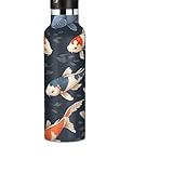 Trinkflasche für Kinder mit Strohhalm, 590 ml, Edelstahl-Wasserflasche für Reisen oder Schule, BPA-frei, Koi-Fische, dunkel