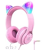 iClever Kinder Kopfhörer, Katzenohr-LED-Leuchte Over-Ear mit 85dBA Lautstärkebegrenzung Faltbare HD Stereo Kabel Kopfhörer, für Schule/iPad/Tablet/Reisen