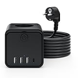 Steckdosenleiste, 7 in 1 Steckdosen mit USB, 3 Steckdosen, mit Schalter, 2 m, Steckdosenleiste mit USB, ideal für Wohnzimmer, Büro, Schlafzimmer