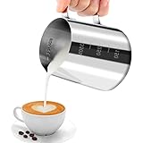 JOPHEK Milchkännchen, 350 ml Handheld Edelstahl Aufschäumkännchen, Kaffee Creamer Milch Aufschäumer Kännchen Tasse mit Messung Mark, Milchkännchen Perfekt für Barista Cappuccino Espresso Latte (350ML)