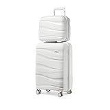 KONO Koffer Trolleys Gepäcksets 2 Teilig Kofferset mit Beautycase Polypropylen Hartschalenkoffer Reisekoffer mit 4 Rollen und TSA Schloss, 56cm Handgepäck Koffer + Kosmetikkoffer (Creme Weiß)