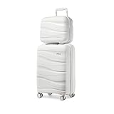 KONO Koffer Trolleys Gepäcksets 2 Teilig Kofferset mit Beautycase Polypropylen Hartschalenkoffer Reisekoffer mit 4 Rollen und TSA Schloss, 55cm Handgepäck + Kosmetikkoffer (Creme Weiß)