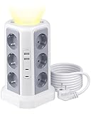 12 Fach Steckdosenleiste (4000W/16A) mit USB C PD 20W, Steckdosenturm Mehrfachsteckdose Überspannungsschutz mit 4 USB Schalter, PASSUS 2M Verlängerungskabel, Mehrfachstecker für Zuhause, Weiß