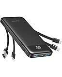 Charmast Power Bank, Slim 10000mAh Powerbank mit Kabel USB C und LED-Display, 6 Ausgängen Klein Aber Stark Externe Handyakkus Kompatibel mit iPhone 16 15 14 13 12 11 Pro Max Plus Huawei Samsung Tablet