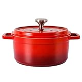 Cocotte Emaillierter Aluminiumguss-Ofen mit Deckel, 4,7 l Schmortopf for Brotbacken, Auflaufform, antihaftbeschichtete Pfanne for alle Wärmequellen, 24 cm FüR Herdarten(Red)