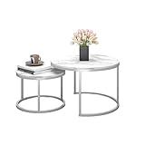 Soayone Marmor Couchtisch Rund Weiss, Wohnzimmertisch Weiß, Moderner Couchtisch Silber satztische fürs Wohnzimmer kaffeetisch sofatisch 70x70x45 & 50x50x35 cm