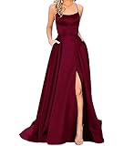 HAHAEMMA Damen Elegant Lange Ballkleider mit Taschen Satin A-Linie Backless Hochzeitskleid Abendkleider Sexy Neckholder Spaghetti Brautkleid Kleider Lang Prinzessin Brautjungfer Kleid (WR-M)