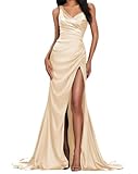 Einschultriges Meerjungfrauen-Abschlussballkleid, lang, Satin, plissiert, formell, Abendkleid, Partykleid mit Schlitz für Damen, Brautjungfernkleid, champagnerfarben, 42