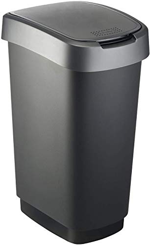 Rotho Twist Mülleimer 50l mit Deckel, Kunststoff (PP) BPA-frei, schwarz/silber, 50l (40,1 x 29,8 x 60,2 cm)