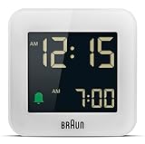 Braun Digitaler Reisewecker Schlummerfunktion, kompakte Größe, Negatives LC-Display, Schnelleinstellfunktion, Crescendo-Alarm in Weiß, Modell BC08W.