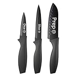 MasterChef Messerset, Küchenmesser Set ink. Kochmesser, Gemüsemesser & Schälmesser, Scharfe Messer Edelstahl, Antihaftbeschichtete, Soft-Touch-Griffe, Schwarz, 3-teilig, Caption