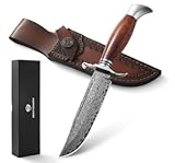 DRACHENADER Jagdmesser Damast W-S-DMSG, Feststehende Klinge 14, 4 cm, Damastmesser Outdoor Messer Survival mit Lederscheide, Gürtelmesser Griff aus Holzgriff für Camping