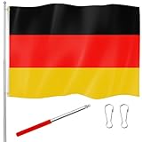 Panelee 150 x 90 cm Deutschland Flagge mit Teleskop Fahnenmast Seil zum Aufhängen und 2 Schnallen Deutschlandfahne mit Roter Edelstahl Fahnenstange für Drinnen Draußen Garten Balkon Deko Zubehör