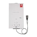 TABODD 16L 32KW Gas Durchlauferhitzer LPG Warmwasserbereiter, Temperatur kann 35-55 ℃ Outdoor Propan-Durchlauferhitzer mit Digitalanzeige und Duschset für Campingausflüge Bootshaus Wohnmobil, Weiß