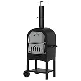 Outsunny 2-In-1 Pizzaofen Outdoor mit Rollen Grillofen mit Schutzhülle Pizzaschaufel 2 Grillnetzen Grillwagen mit Schornstein 3-Tier Holzbackofen für BBQ Stahl Schwarz+Silber 63 x 54 x 161 cm