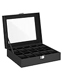 SONGMICS Uhrenbox mit 10 Fächern, Uhrenkasten, Glasdeckel, Uhrenkoffer, herausnehmbare Uhrenkissen, Metallverschluss, Geschenkidee, PU-Bezug in Schwarz, Innenfutter in Schwarz JWB010B02