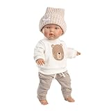 Llorens 1035002 Puppe Hayley, mit blauen Augen und weichem Körper, Babypuppe inkl. Sweatshirt mit Bärenmotiv, brauner Hose und Mütze, 35cm