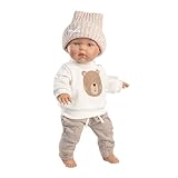 Llorens 1035002 Puppe Hayley, mit blauen Augen und weichem Körper, Babypuppe inkl. Sweatshirt mit Bärenmotiv, brauner Hose und Mütze, 35cm