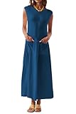 Naggoo Ärmelloses Maxikleid für Damen, Sommer, lässig, Rundhalsausschnitt, Tanktop, langes Kleid mit Tasche, Urlaub, Strand, Sommerkleid, Blau, Groß