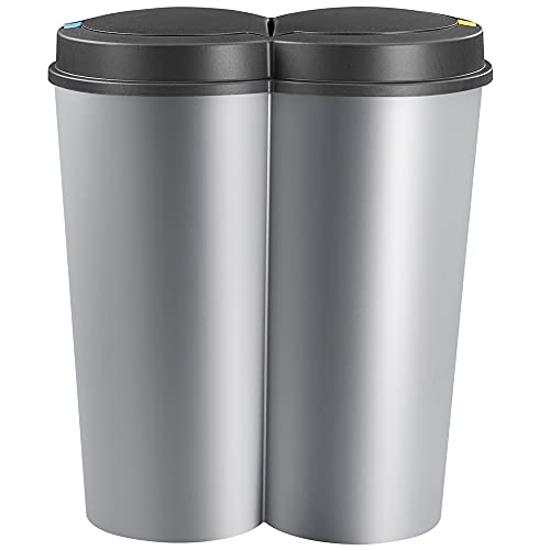 Deuba Mülleimer 50 L Duo 2fach Trennsystem 2x25L Druckknopf-Automatik Küche Abfalleimer Müllbehälter Mülltrennung Silber