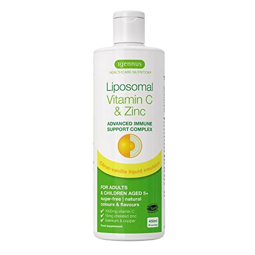 Liposomales Vitamin C 1000mg plus Zink, Selen & Kupfer, hochdosierte Immunsystem Stärkung in flüssiger Form, 450ml, für Erwachsene & Kinder, Zitrone-Vanille Geschmack