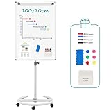 MAKELLO Flipchart 70x100cm Mobiles Whiteboard auf Rollen, Magnetisch Trocken Abwischbar, Höhenverstellbar, Rundfuß, Flip Chart Board für Büro