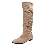 Damenreitstiefel, modisch, einfarbig, beflockt, faltig, spitz, flach, lässig, lange Stiefel, Lederreitstiefel, khaki, 37.5 EU
