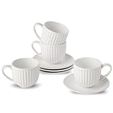 Hasense Cappuccino-Tassen und Untertassen aus Keramik, 237 ml, groß, gerippt, für Kaffee, Tee, Latte und Macchiato, Demitasse-Tassen, ästhetisches Geschenk, Weiß, 4 Stück