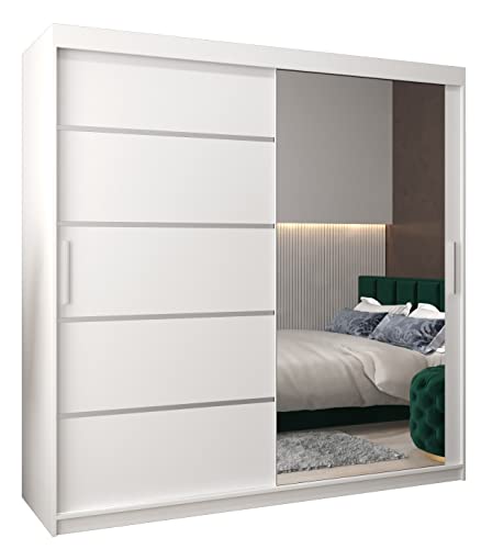 Schwebetürenschrank Verona 2-200 cm mit Spiegel Kleiderschrank mit Kleiderstange und Einlegeboden Schlafzimmer- Wohnzimmerschrank Schiebetüren Modern Design (Weiß)