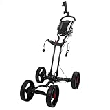 Tragbarer Golfwagen mit 4 Rädern – zusammenklappbarer Caddy mit Schirmhalter, Fußbremse, schnell zusammenklappbar/entfalteter Trolley für Golfschläger – leichtes schwarzes Design, ideal für einfachen