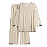 Guunify Hausanzug Lounge Pyjama Damen Schlafanzug Pyjamas Set Nachtwäsche Zweiteiliger Pjs Sets Cremefarbe L