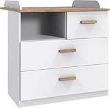 Wickelkommode Gotland in Weiß mit Auflage und Griffen in Plankeneiche-Nachbildung, Maße: 90x93x75 cm, hochwertig verarbeitet, Made in Germany, zerlegt geliefert