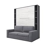 MAXIMAHOUSE Schrankbett vertikal mit Sofa und 2 Regalen, Invento LED 140V mit Lattenrost aus Holz, Wandklappbett 140x200 modern Concept und Design (Grau/Eiche Monaco + graues Sofa + Regalen)