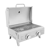Tragbarer 2 Brenner Tisch-Gasgrill aus Edelstahl mit Deckel, Klein Camping Gasgrill Gaskocher mit Klappbar Ständer, Tischgasgrill BBQ Campinggrill für Outdoor Balkon Garten Picknick