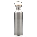 Trinkflasche 1L - Trinkflasche Edelstahl - Wasserflasche Edelstahl, Trinkflasche Metall - Water Bottle mit Bambusdeckel, Auslaufsicher & BPA-frei, für Schule, Sport, Outdoor, Fitness, Radfahren