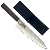 REDSALT® Professional Series GYUTO 牛刀 21cm Damaststahl Chefmesser handgefertigt in Japan | Profi Kochmesser mit Messerscheide & Ledertasche | Damast Hammerschlag Klinge | Damastmesser Küchenmesser