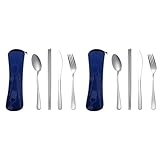 Mocturnity 8-Teiliges Geschirrset, Tragbar, Edelstahl, Steakmesser, Reisebesteck, Geschirr mit Tasche, Dunkelblau