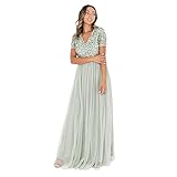 Maya Deluxe Damen Ballkleid Abendkleid V-ausschnitt Maxi Länge Pailletten Kurze Ärmel Für Hochzeit Geburtstag Brautjungfer Bridesmaid Dress, Grün, 48 EU