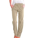 Einfarbige Hose mit Kordelzug für Damen, lockere Hose mit weitem Bein, trendige Taille, Palazzo-Hose, Strand, lockere Passform, Hose mit Taschen, hohe Taille, lässige Sweatpants, beige, XXXL