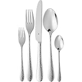 WMF Sitello Besteck Set 12 Personen, Cromargan, Essbesteck Set 60 teilig, Monobloc-Messer, Cromargan Edelstahl poliert, Hammerschlag, ergonomisch, glänzend, spülmaschinengeeignet, silber