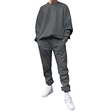 Lässiger einfarbiger zweiteiliger Anzug für Herren, Rundhalsausschnitt, schulterfrei, Sweatshirt, Kordelzug, Tasche, Hosen-Set für Herren, dunkelgrau, XL