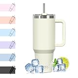 WATERSY 40oz Kaffeebecher to Go Thermobecher Doppelwandiger Edelstahl Vakuum Auslaufsicher Trinkbecher mit Griff und Strohhalm, Tragbare Autobecher Thermal Tumbler Beige für Kalte Heiße Getränke