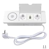 BlueXP Weiß Einbausteckdose mit Wireless Charger – Versenkbare Tischsteckdose mit 2 Schuko USB-C 2 USB-A Qi-Ladefläche Klappdeckel & 1,8m Kabel Einbau Steckdosenleiste für Küche Büro Schreibtisch