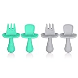 Vicloon Silikon Kinderbesteck,4 Stück Baby Fütterlöffel aus Extra Weich Silikon, BPA Frei Baby Gabel und Löffel Set, Baby Esslernbesteck für Baby, Kleinkind, Kinder (grau+grün)