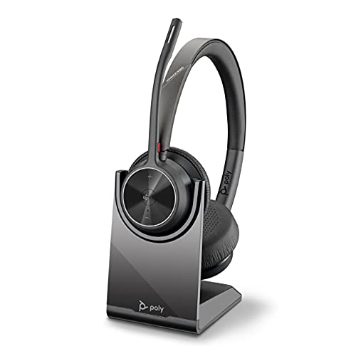 Plantronics Poly – schnurloses Voyager 4320 UC-Headset mit Ladestation (Plantronics) – Kopfhörer mit Mikrofonarm – USB-A-Bluetooth-Adapter – kompatibel mit Teams (zertifiziert), Zoom und mehr, Schwarz