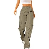 Y2K Cargohose für Damen, trendige Fallschirmhose, hohe Taille, gerade, Freizeithose mit Taschen, 1A-Khaki, L