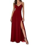 Damen Chiffon Brautjungfernkleider mit Schlitz Abend Abschlussball Kleider Falten Cocktailkleider Übergröße, burgunderfarben, 50 Plus