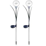 2 Pack Solar Blumenleuchten für Außen, Edelstahl Gartenstecker mit Blättern, wasserdichte Solar Kugel Lichter für Weg und Rasen Beleuchtung